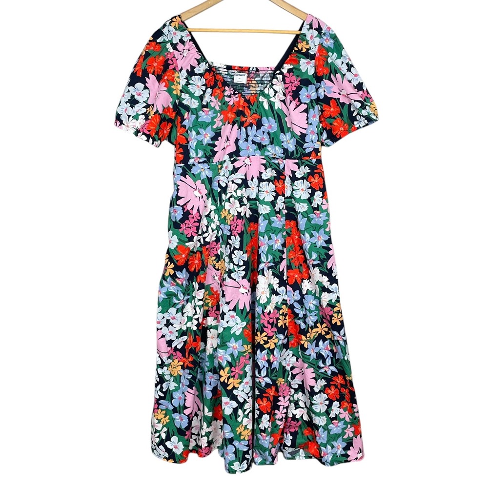 Old Navy Floral Puff Sleeve Tiered Smocked Midi Dress XXL Cottagecore Boho Flowy